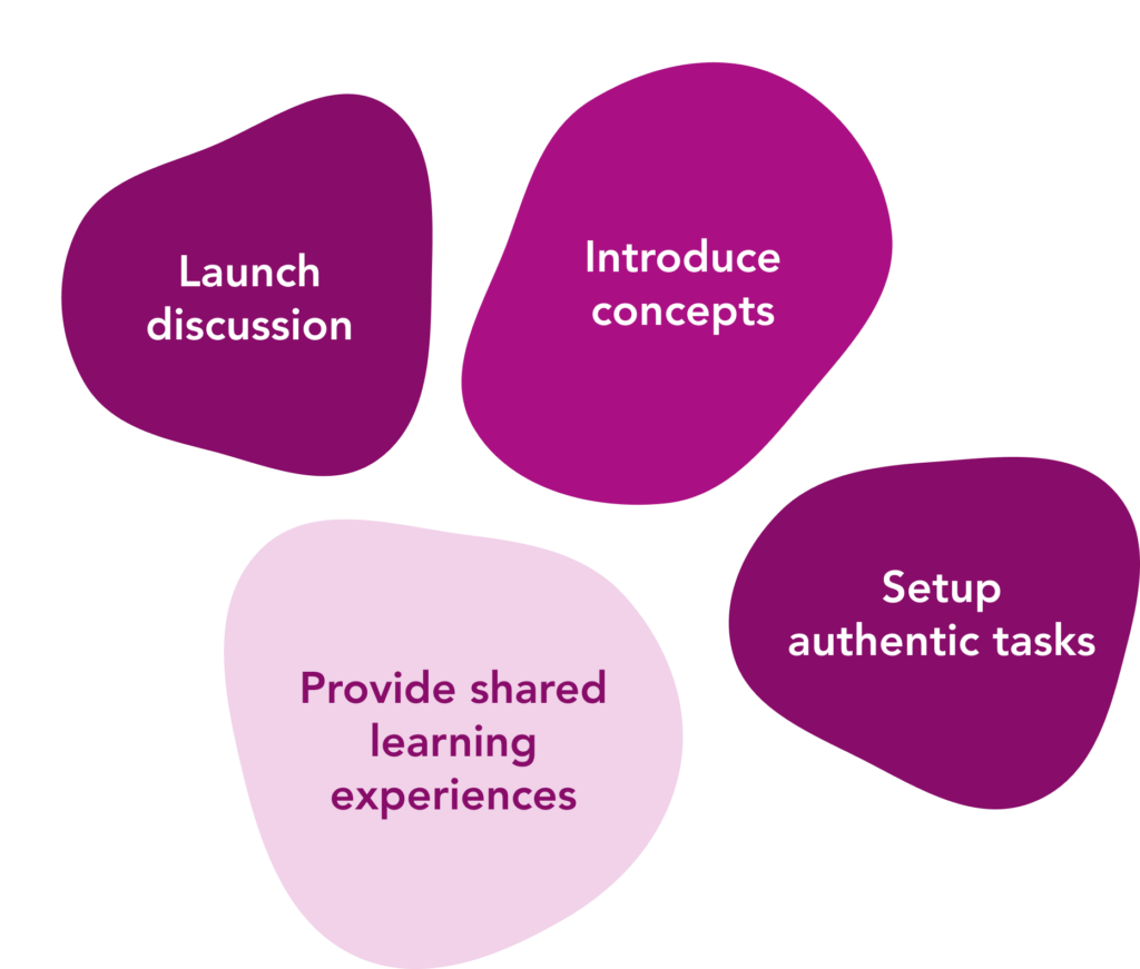 Teacher actions diagram: launch discussion, introduce concepts, setup authentic tasks, provide shared learning experiences.