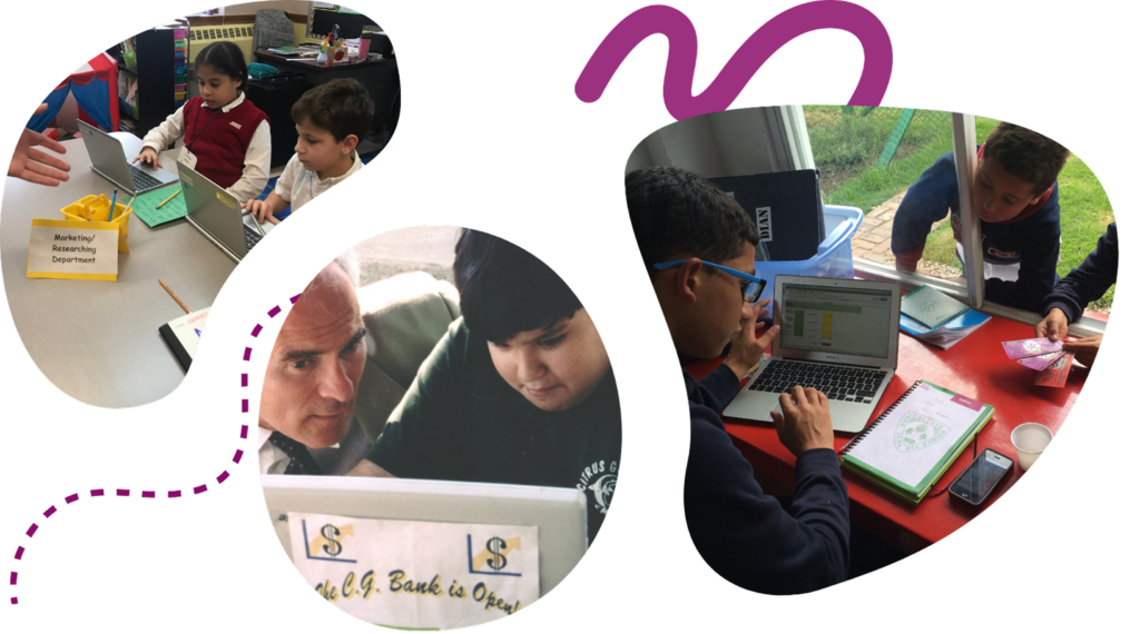 Photo collage of students engaged in hands-on learning: children at a classroom store setup, a teacher and student at a laptop displaying an 'LS Bank is Open' sign, and students working outdoors with a laptop and papers.