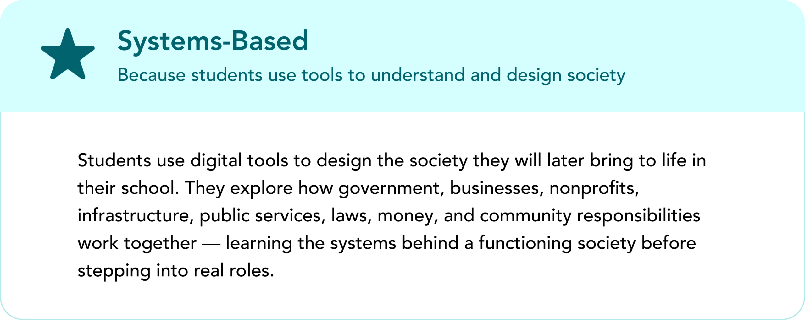 Card titled 'Systems-Based: Because students use tools to understand and design society,' marked with a star icon. Body text: Students use digital tools to design the society they will later bring to life in their school. They explore how government, businesses, nonprofits, infrastructure, public services, laws, money, and community responsibilities work together — learning the systems behind a functioning society before stepping into real roles.